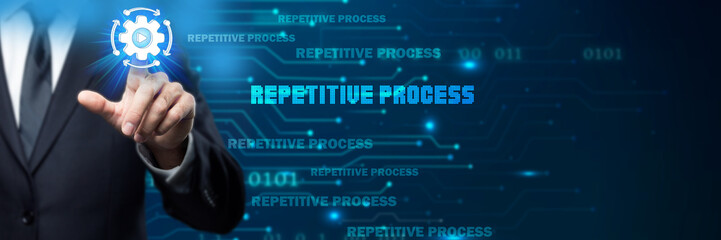 Businessman interacts with repetitive process icon in a digital, futuristic environment, symbolizing automation, workflow management, and optimizing repeated tasks with technology...