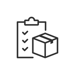 Fototapeta premium Checklist with box, linear icon. Package inspection, delivery verification. Line with editable stroke.