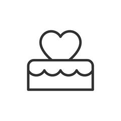 Cake with heart, linear icon. Romantic dessert for celebration or love theme. Line with editable stroke.