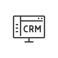 CRM on computer screen, linear icon. Customer relationship and business software. Line with editable stroke.