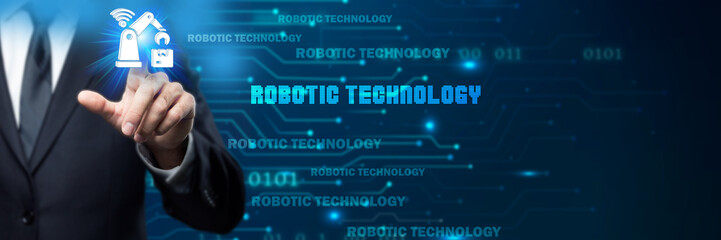 Businessman interacts with robotic technology icon in a digital, futuristic environment, symbolizing industrial automation, AI-powered systems, and the future of manufacturing and logistics...