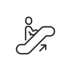 Person on upward escalator, linear icon. Moving staircase or vertical transport. Line with editable stroke.