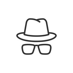 Hat and glasses symbol, linear icon. Anonymous browsing, incognito mode, hidden identity. Line with editable stroke