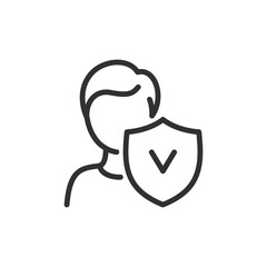 Person with shield, linear icon. Security, user protection, and anonymous. Line with editable stroke.