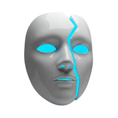 White futuristic face mask cracked with glowing blue lines