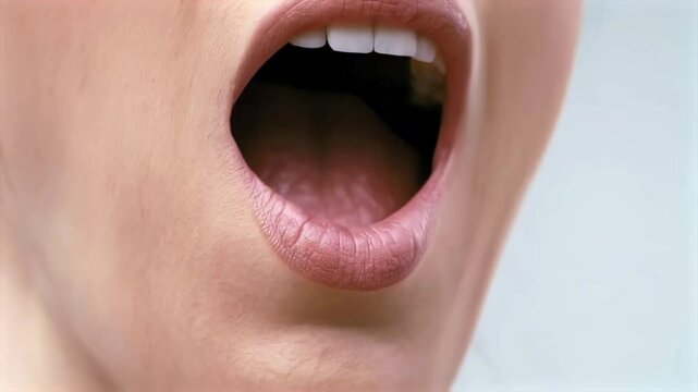 Woman speaking, lips and tongue moving dynamically during phonetic articulation, highlighting speech therapy techniques with precise oral muscle control