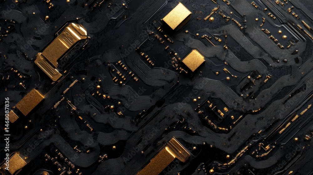 Poster a luxury circuit pattern is depicted on a dark tech background with ai chip and semiconductor concep