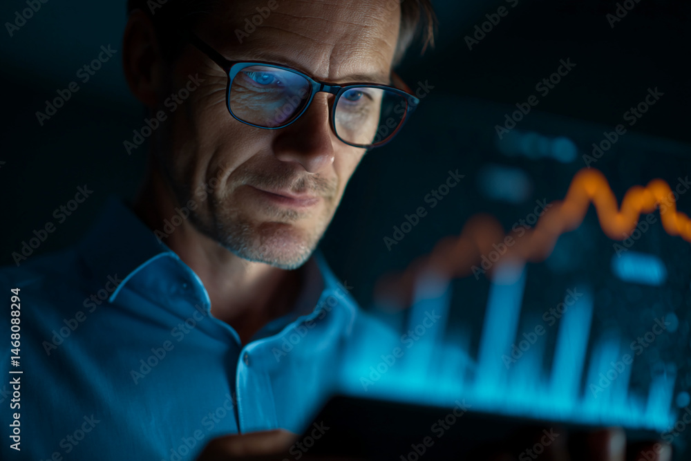 Poster close-up of man in glasses reviewing digital data graph, illuminated by screen glow, conveying focus