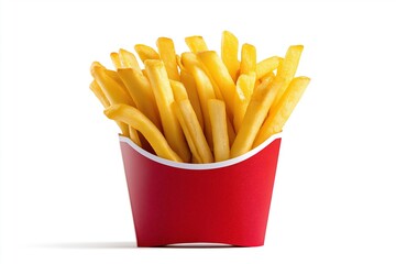 Classic golden French fries served in a bright red box against a white background highlight fast food simplicity and crisp deliciousness, Generative AI