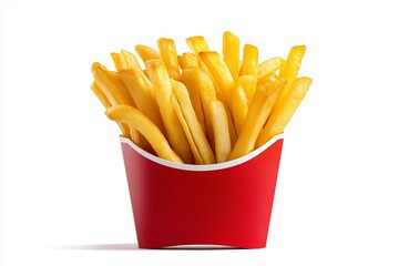 Classic golden French fries served in a bright red box against a white background highlight fast food simplicity and crisp deliciousness, Generative AI