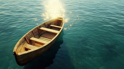 Wooden rowboat on tranquil water