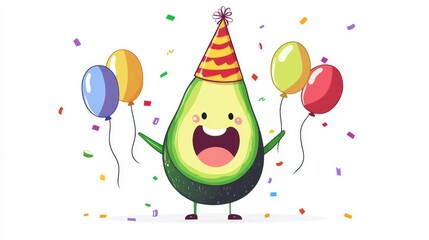 On a festive holiday, a cartoon avocado character wearing a cheerful hat is surrounded by colorful balloons and confetti, celebrating a birthday anniversary with a modern and healthy twist