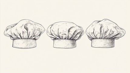 Isolated on a background, chef hats and toques are depicted in a sketch style suitable for cafe, restaurant, or menu design