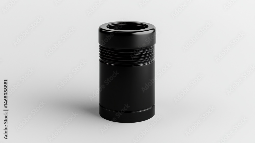 Poster a black cylindrical object with a threaded opening and a slightly flared base.