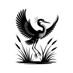 Majestic Heron in Reeds: A stylized black and white illustration of a heron gracefully poised amidst tall reeds, its wings outstretched in an elegant display.