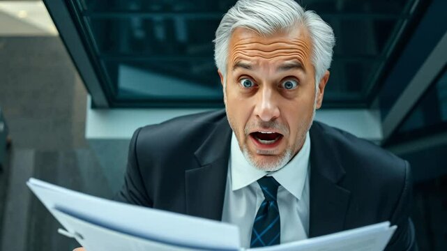 Senior businessman reacting with surprise to content in documents
