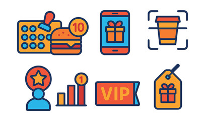 Flat vector icons of food loyalty and rewards: stamp card icon, free item after 10, mobile rewards app, scan and earn icon, customer tier badge, points system chart, VIP offer label, redeemable