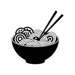 Noodle Delight: A minimalist monochrome illustration of a bowl of noodles with chopsticks