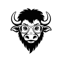 Smart Bull Mascot: A confident and intelligent bull mascot sports stylish spectacles, embodying wisdom and strength in a sleek, black and white illustration.