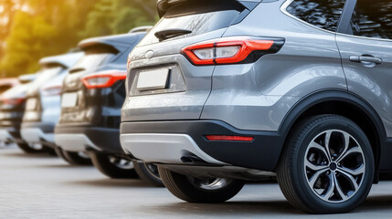 Naklejka premium Row of SUVs parked in lot rear designs and modern tail lights under bright sunlight