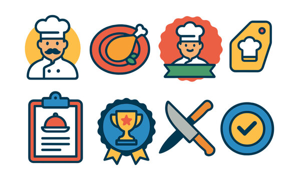 Flat vector icons of chef branding and recommendation: chef portrait icon, signature dish label, head chef pick badge, “crafted by” tag, chef tasting menu icon, award-winning item badge, chef’s knife
