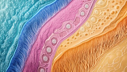 Abstract layered design with vibrant colors and textured patterns.  Layers of swirling, fluid colors create a visually captivating, organic aesthetic