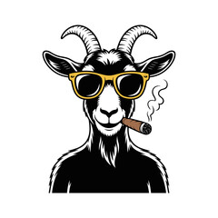 Cool Goat Smoking Cigar: A cool goat sports stylish sunglasses and enjoys a cigar, exuding an air of confidence and relaxed sophistication, offering a unique blend of humor and charm.
