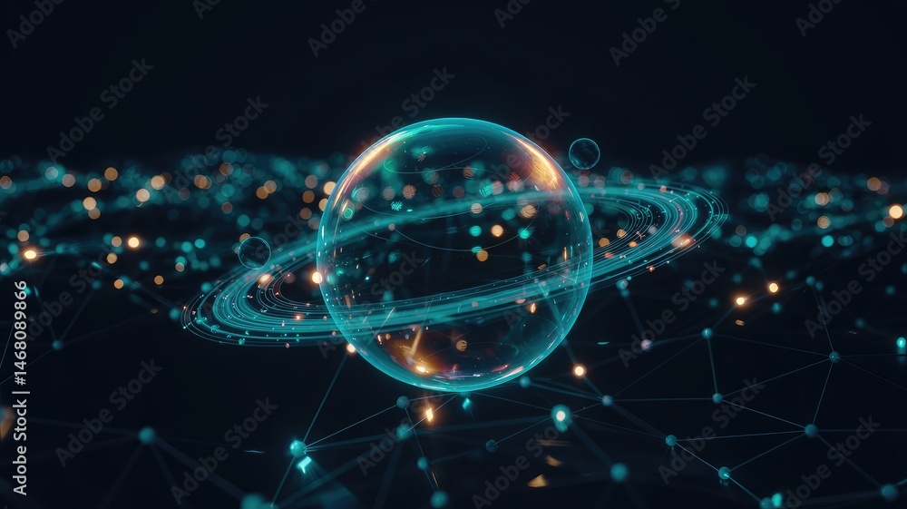 Poster digital planet: a mesmerizing digital rendering of a planet encased in a translucent sphere, adorned