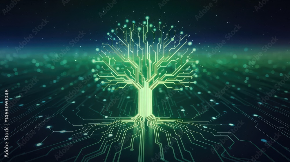 Poster digital tree: a stunning representation of technology merging with nature, forming a glowing tree cr