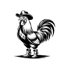 Cowboy Rooster Illustration: A bold illustration depicts a strong rooster adorned with a cowboy hat and boots, embodying a sense of the Wild West in a striking black and white style. © bddesigner15