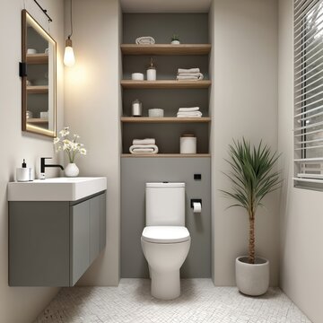 Modern bathroom design. Small, compact space with grey, white color palette. Features sink, toilet, mirror. Minimalist decor with stylish accessories, plants. Interior design for home renovation.