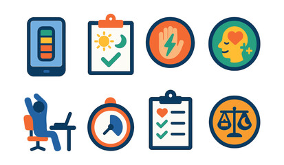 Flat vector icons of energy and burnout management: energy level tracker app, healthy rest breaks planner, fatigue prevention badge, mental recharge badge, stretching at desk icon, short power nap