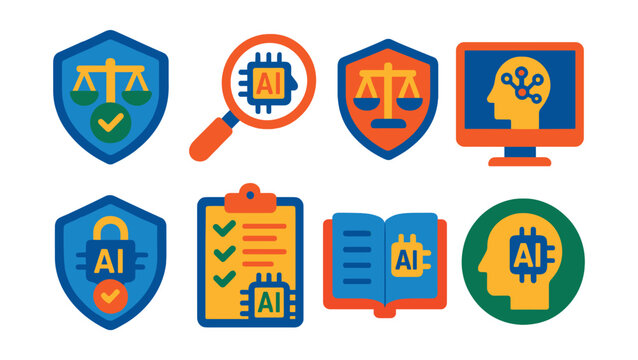 Flat vector icons of AI ethics and responsibility: ethical AI guidelines badge, bias detection tool in AI, fairness in algorithms badge, transparency in AI decision-making, privacy in AI apps badge,