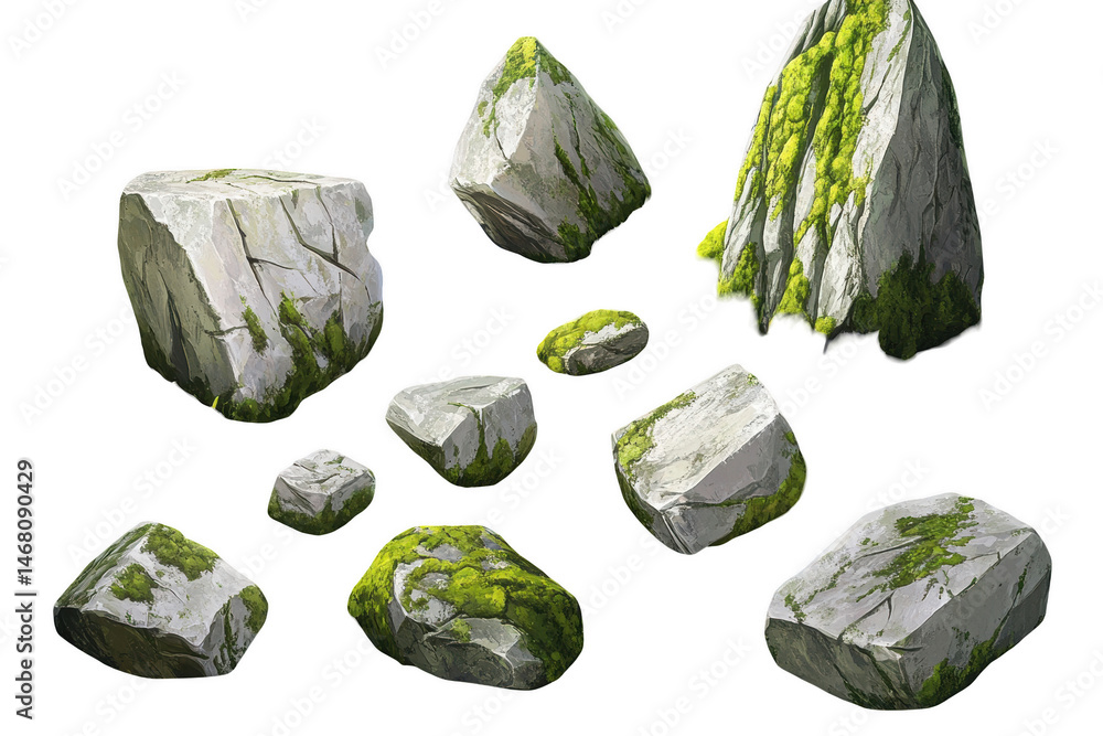 Poster collection of mossy rocks various sizes and shapes nature textures 3d set on transparent background