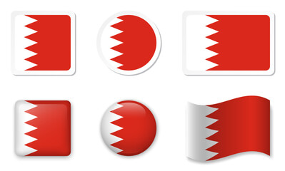 Flag of Bahrain icons collection. Flat stickers and 3d glass vector elements on white background.