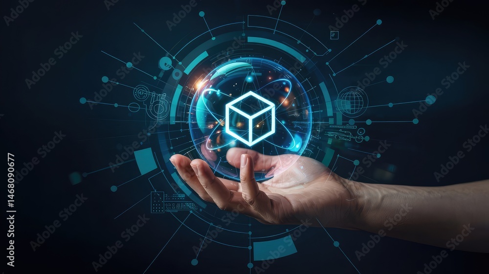 Aufkleber digital universe in hand: a hand cradles a glowing digital sphere, representing the intricate web of