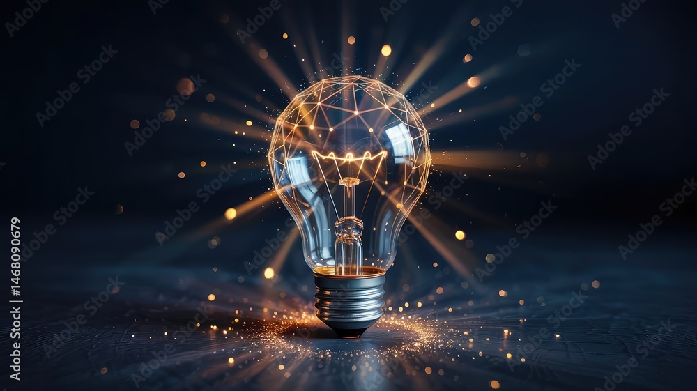 Poster illuminated idea: a glowing lightbulb with intricate network lines, radiating brilliance and sparkin
