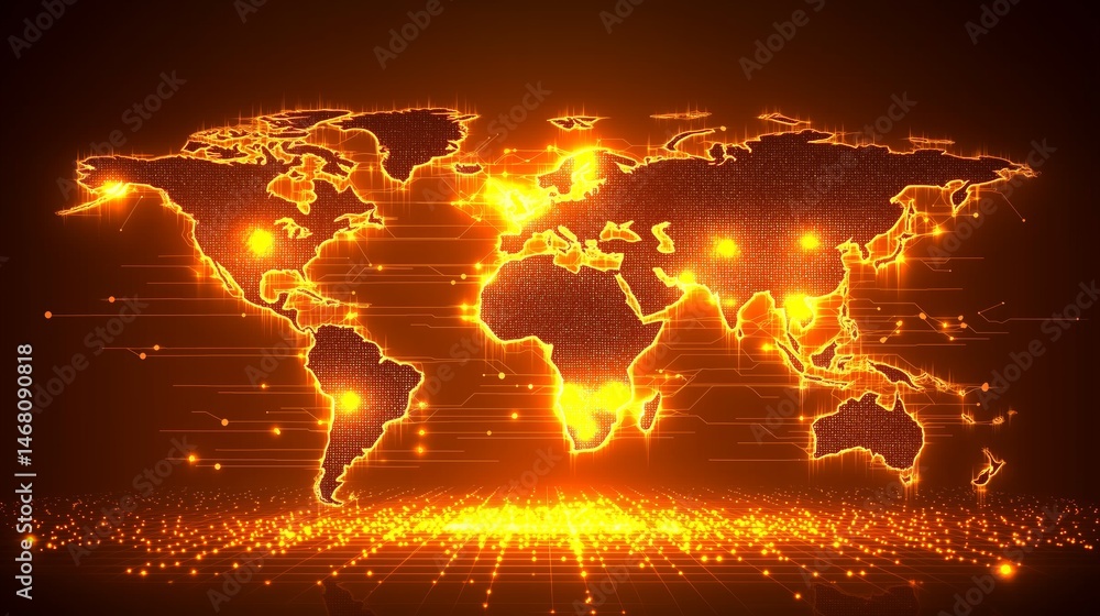 Poster Bright golden digital world map with glowing nodes and global network lines on dark background, Generative AI
