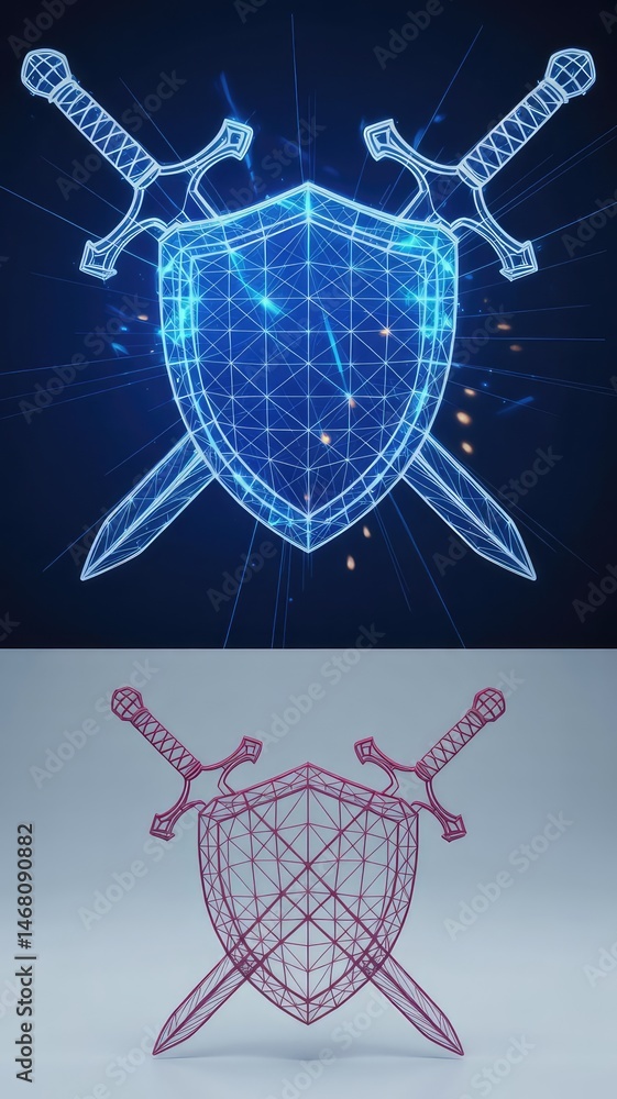 Aufkleber cyber security shield: a modern graphic illustrating cyber security concept, with two crossed swords