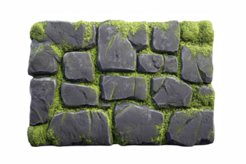 Dark grey stone wall texture with green moss overlay seamless pattern 3d on transparent background