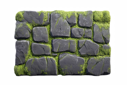 Dark grey stone wall texture with green moss overlay seamless pattern 3d on transparent background