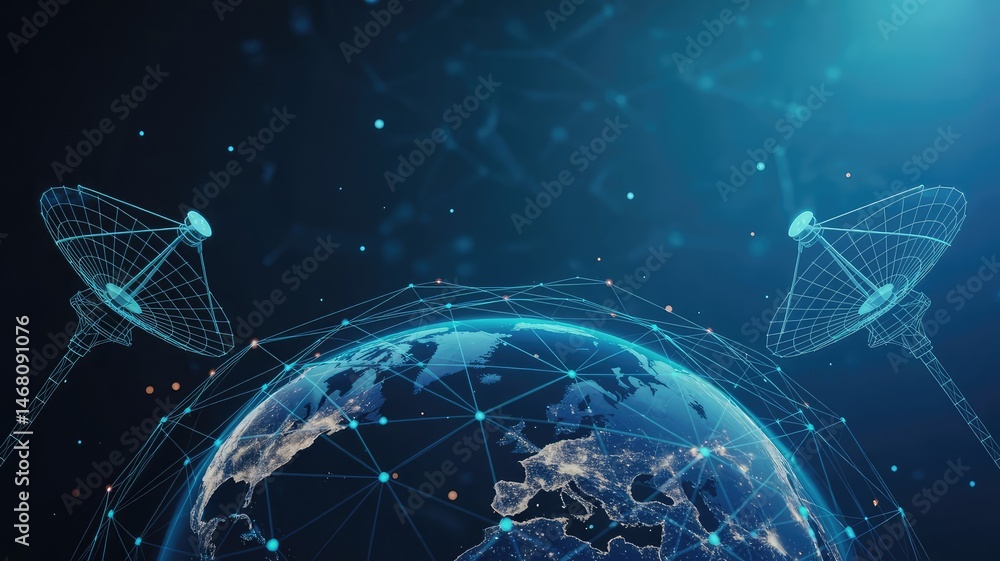 Poster Global Connectivity: A mesmerizing display of two satellite dishes in a complex digital network, seamlessly linked to a captivating depiction of planet earth, showcasing an interconnected world.