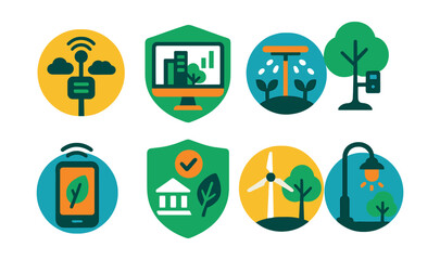 Flat vector icons of smart city nature tech: air quality monitoring stations badge, urban green data dashboards badge, smart irrigation systems for cities badge, tree health monitoring sensors badge,