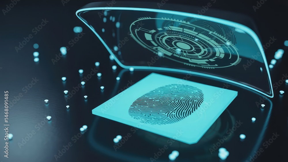 Aufkleber cyber security: a fingerprint scan on a futuristic holographic display with blue and grey color them