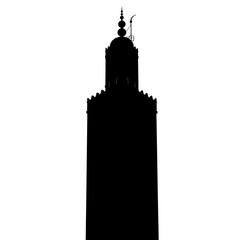 Silhouette of a mosque tower against a plain backdrop isolated on white background