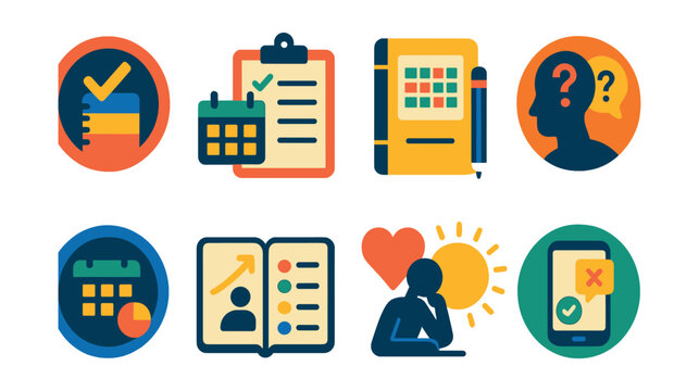 Flat vector icons of personal reflection habits: end-of-day reflection planner badge, weekly review checklist, personal journaling habit tracker, asking powerful reflection questions badge, monthly
