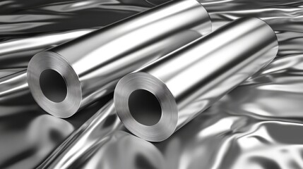 The aluminium foil rolls set includes a 3D detailed illustration of a shiny silver thin aluminum foil roll, suitable for wrapping or decoration, depicted in opened and closed views, with a realistic