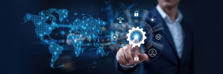 Global Integration: A businessman interacts with a holographic interface showcasing the interconnectedness of global systems.