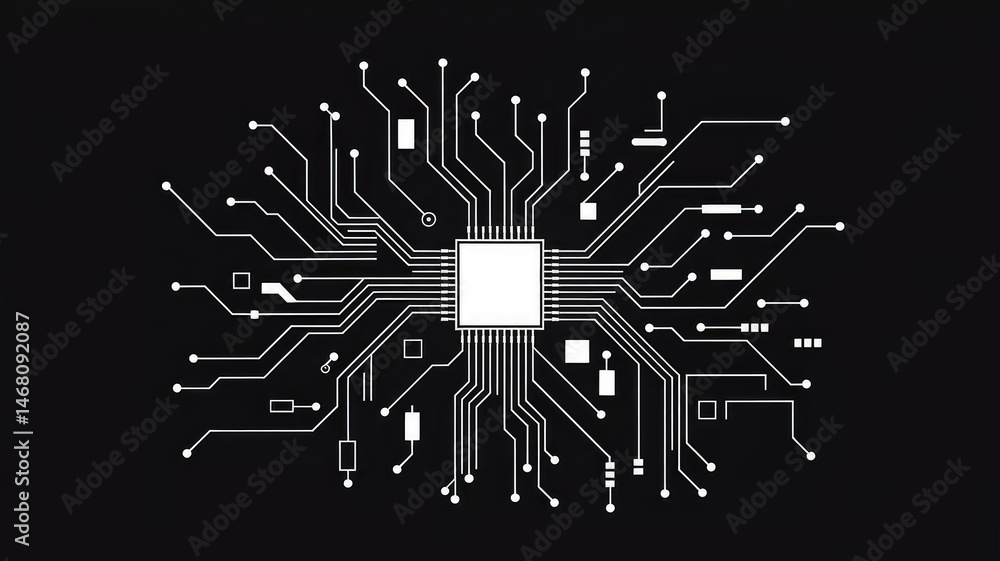 Poster circuit board design: an intricate circuit board design is depicted with luminous lines and shapes a