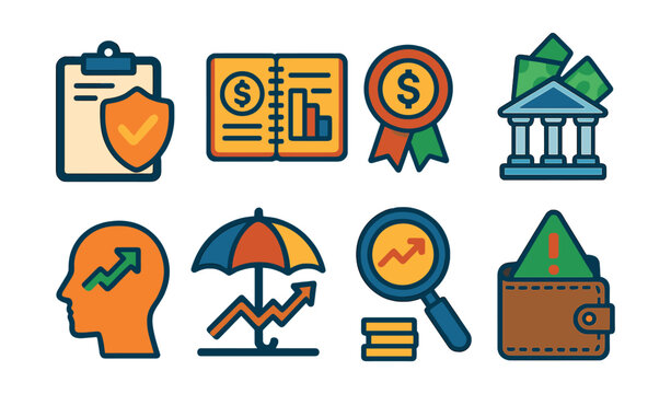 Flat vector icons of building financial resilience: creating backup plans for emergencies badge, adapting budgets to life changes planner, saving beyond emergency fund guide, building multiple income